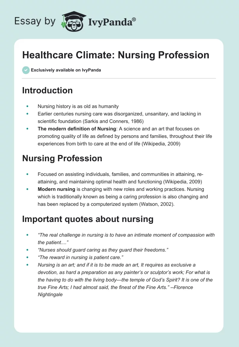 Healthcare Climate: Nursing Profession. Page 1