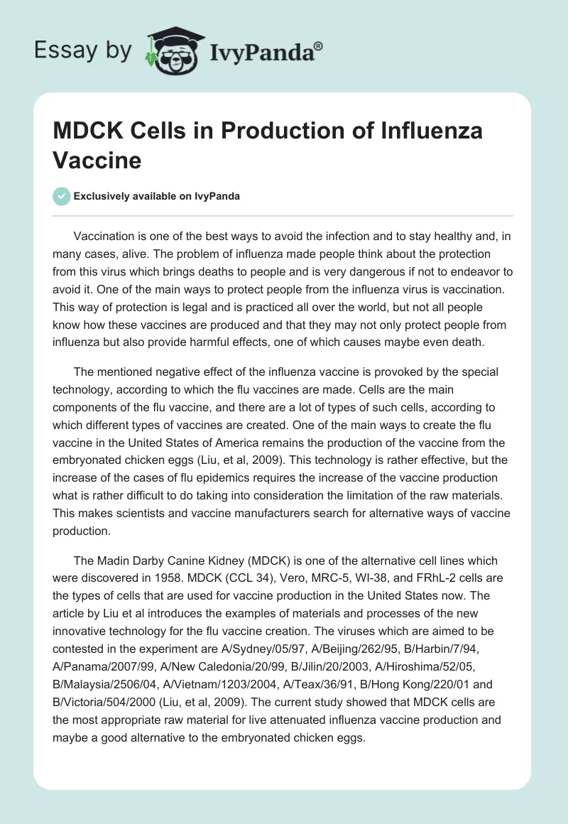 MDCK Cells in Production of Influenza Vaccine. Page 1