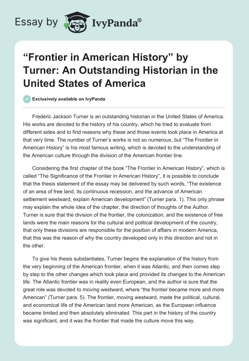 “Frontier in American History” by Turner: An Outstanding Historian in the United States of America. Page 1