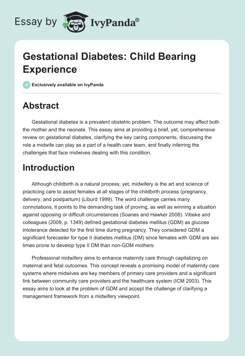 Gestational Diabetes: Child Bearing Experience. Page 1