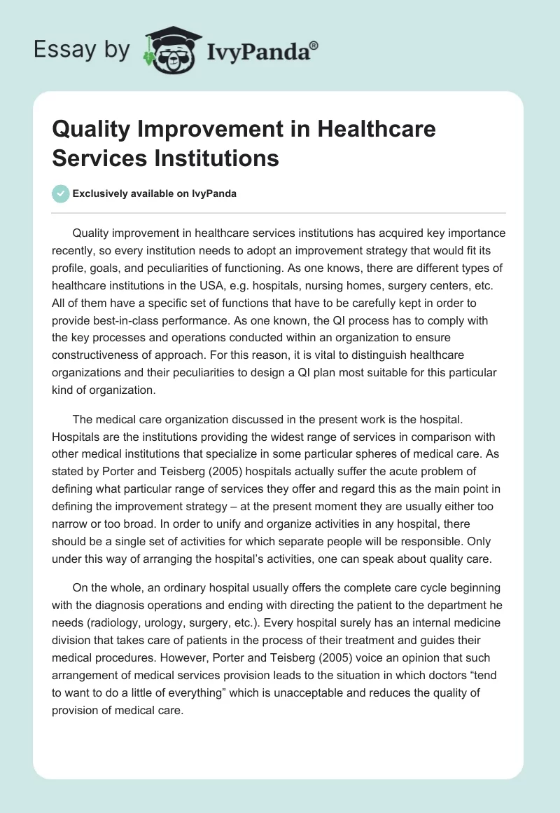 Quality Improvement in Healthcare Services Institutions. Page 1
