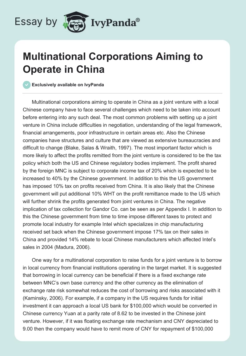 Multinational Corporations Aiming to Operate in China. Page 1