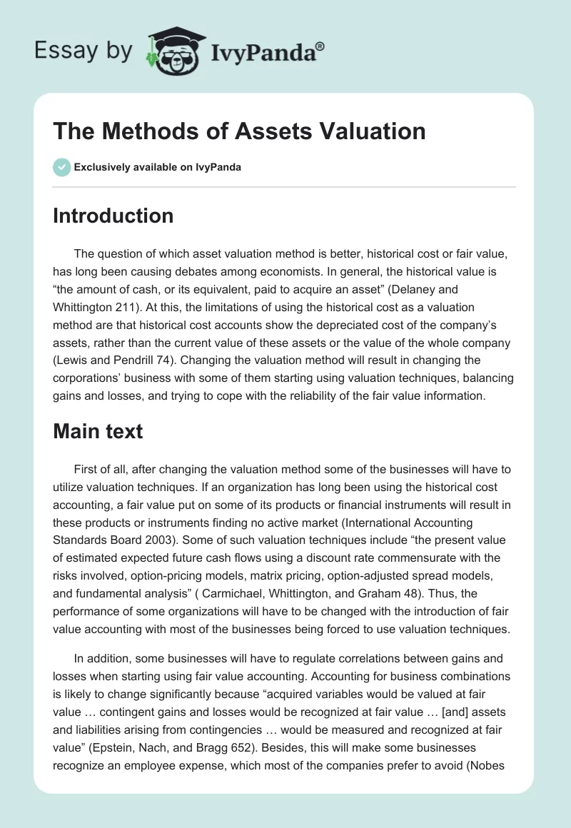 The Methods of Assets Valuation. Page 1
