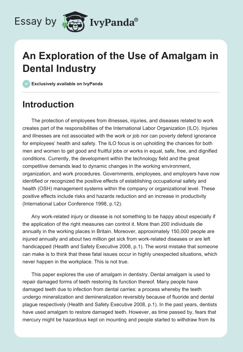 An Exploration of the Use of Amalgam in Dental Industry. Page 1