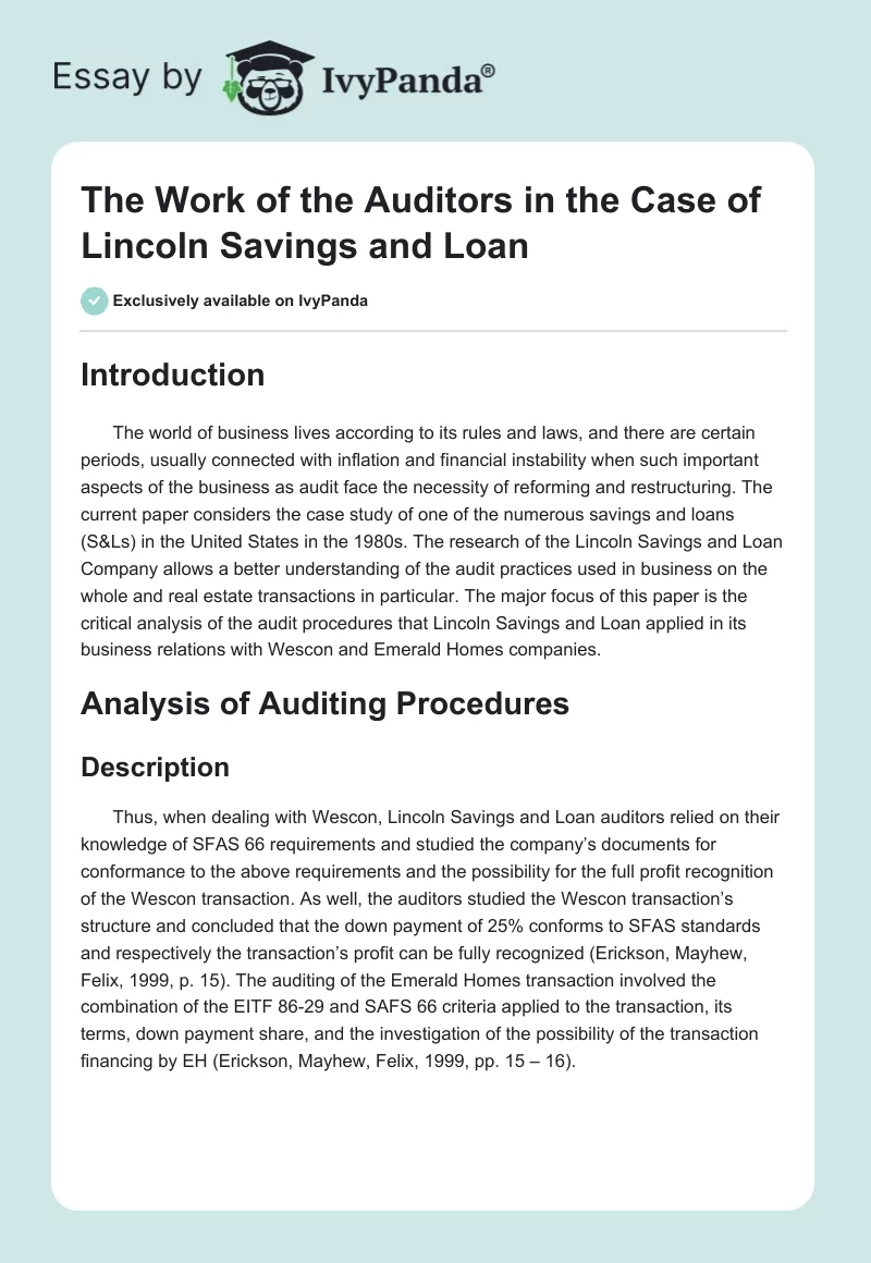 The Work of the Auditors in the Case of Lincoln Savings and Loan. Page 1