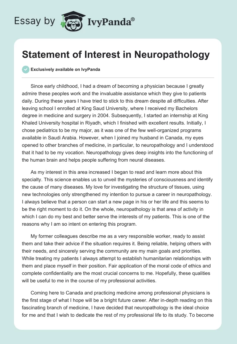 Statement of Interest in Neuropathology. Page 1