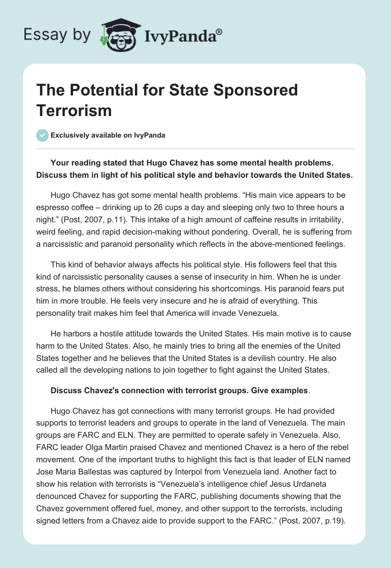 The Potential for State Sponsored Terrorism. Page 1