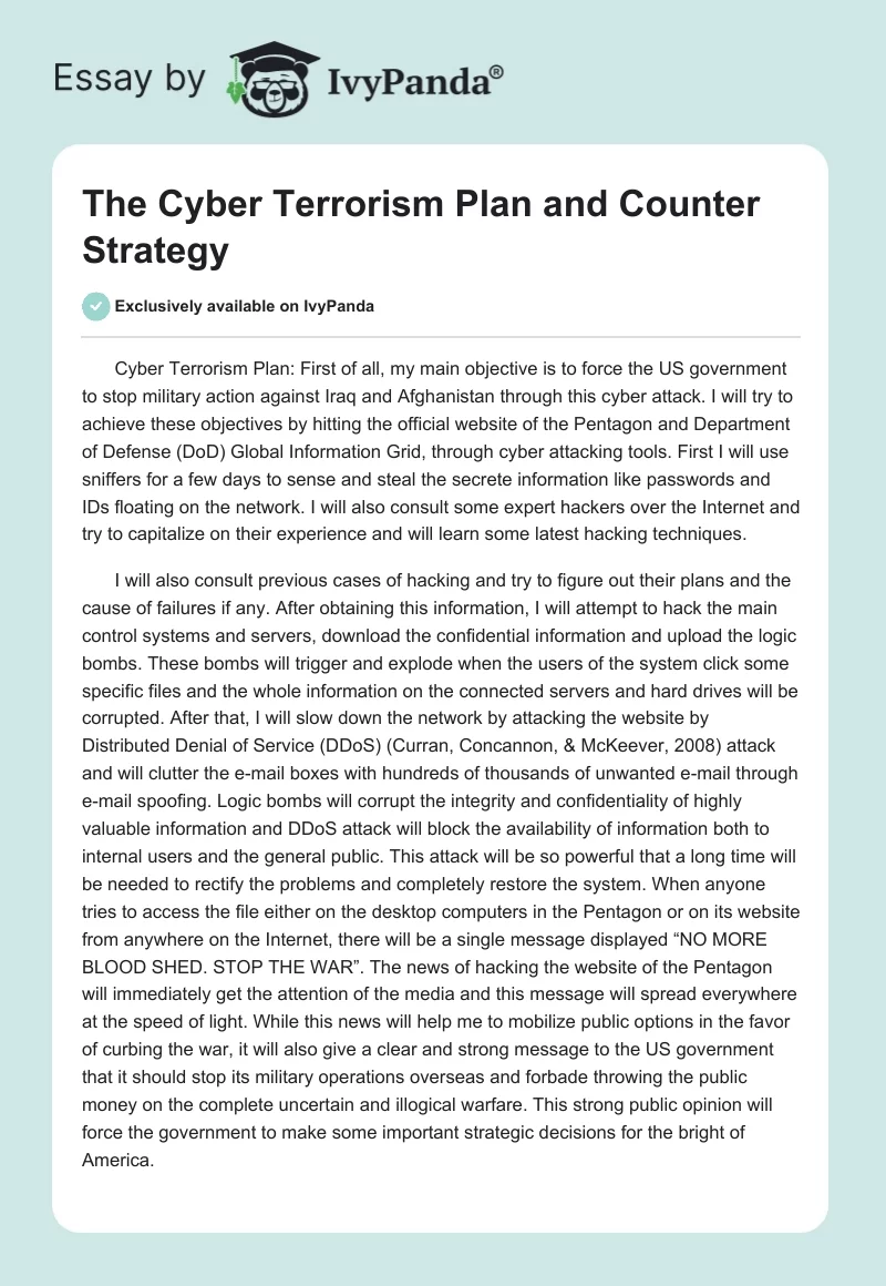The Cyber Terrorism Plan and Counter Strategy. Page 1