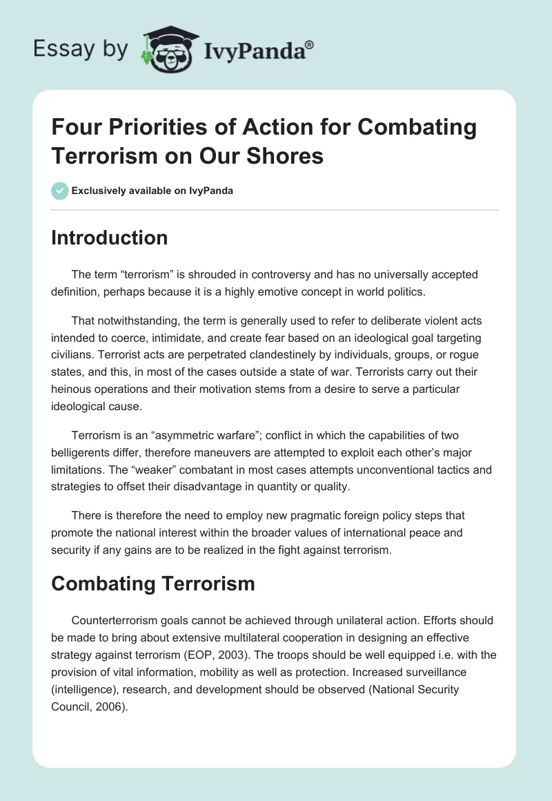 Four Priorities of Action for Combating Terrorism on Our Shores. Page 1