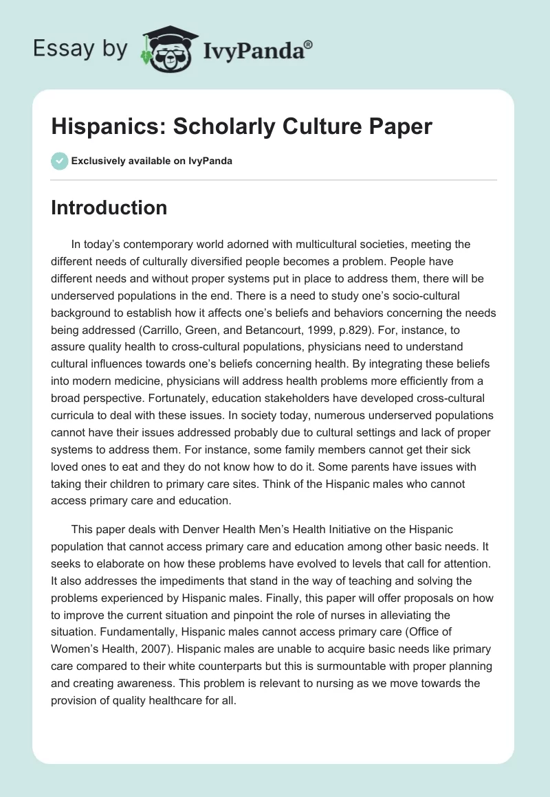 Hispanics: Scholarly Culture Paper. Page 1