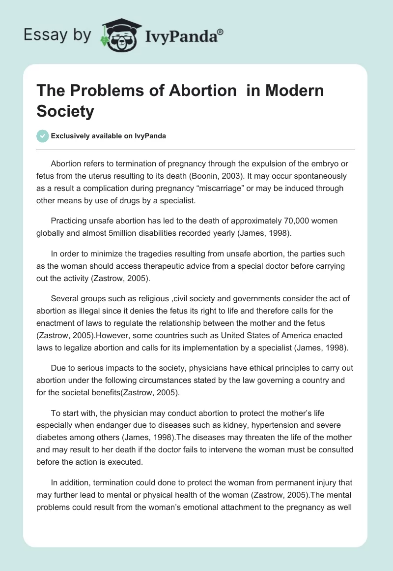 The Problems of Abortion  in Modern Society. Page 1