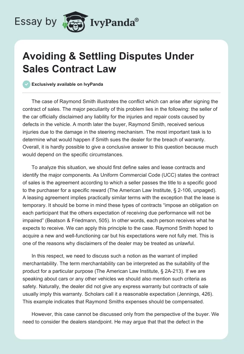 Avoiding & Settling Disputes Under Sales Contract Law. Page 1