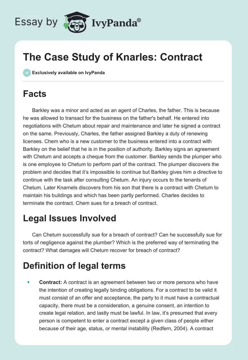 The Case Study of Knarles: Contract. Page 1