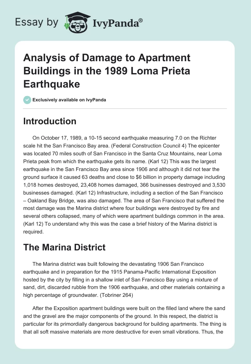 Analysis of Damage to Apartment Buildings in the 1989 Loma Prieta Earthquake. Page 1