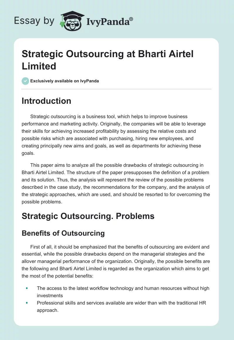 Strategic Outsourcing at Bharti Airtel Limited. Page 1