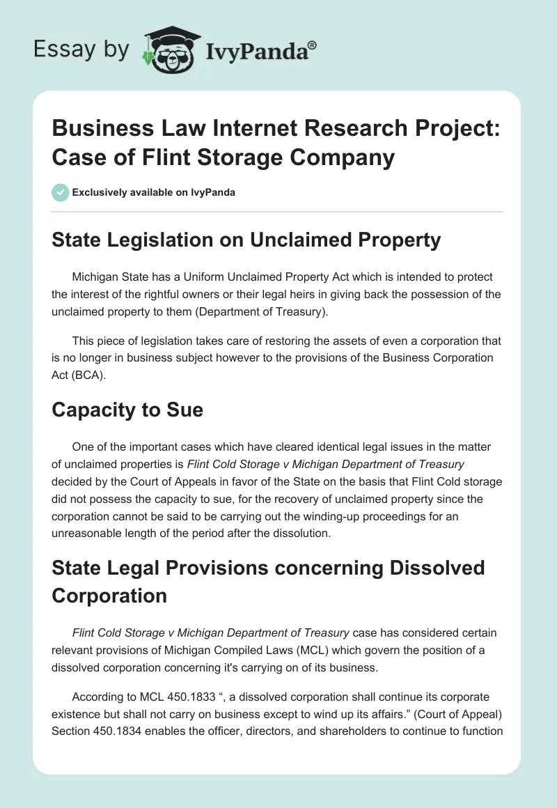 Business Law Internet Research Project: Case of Flint Storage Company. Page 1