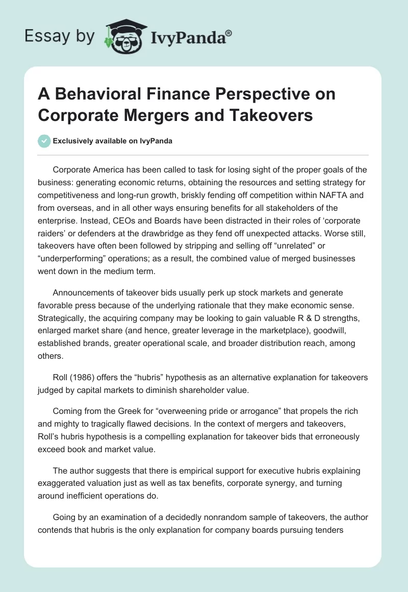 A Behavioral Finance Perspective on Corporate Mergers and Takeovers. Page 1