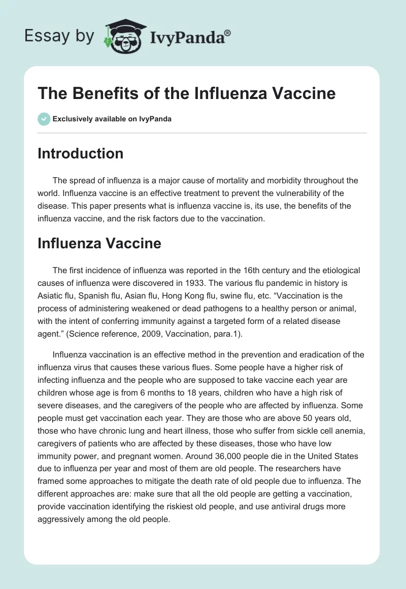 The Benefits of the Influenza Vaccine. Page 1