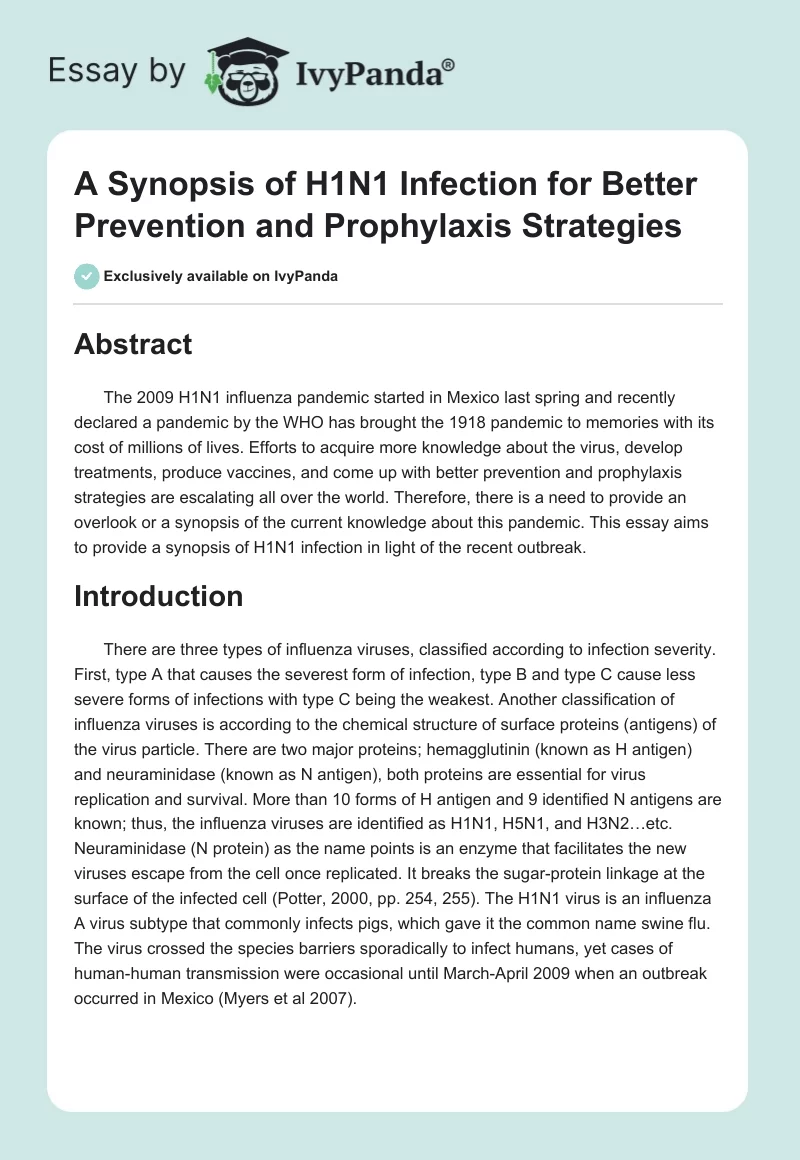 A Synopsis of H1N1 Infection for Better Prevention and Prophylaxis Strategies. Page 1