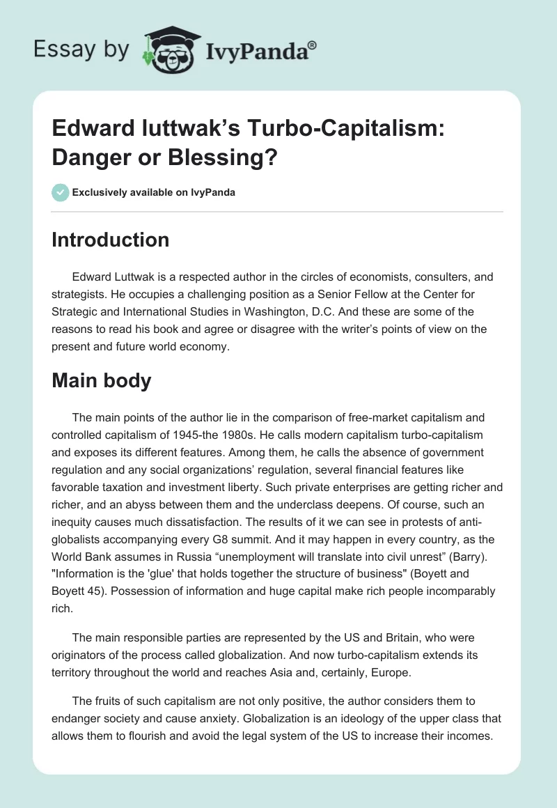 Edward Luttwak’s Turbo-Capitalism: Danger or Blessing?. Page 1