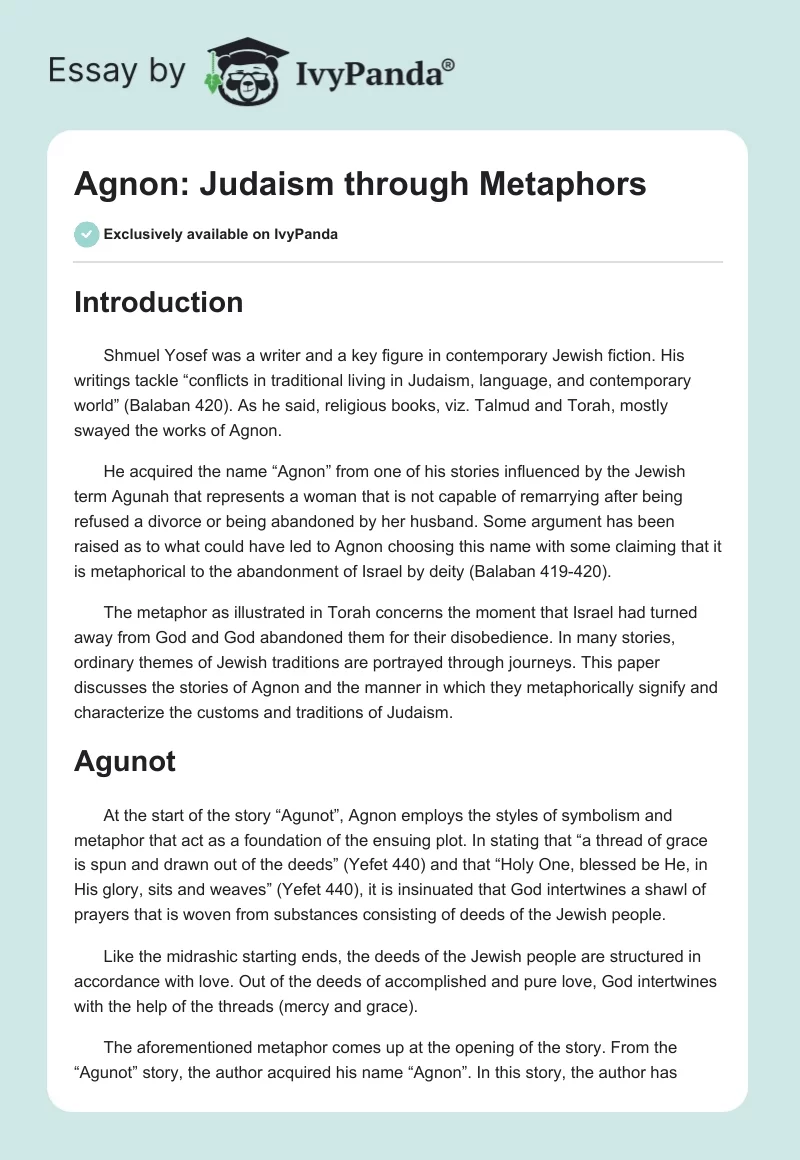 Agnon: Judaism through Metaphors. Page 1