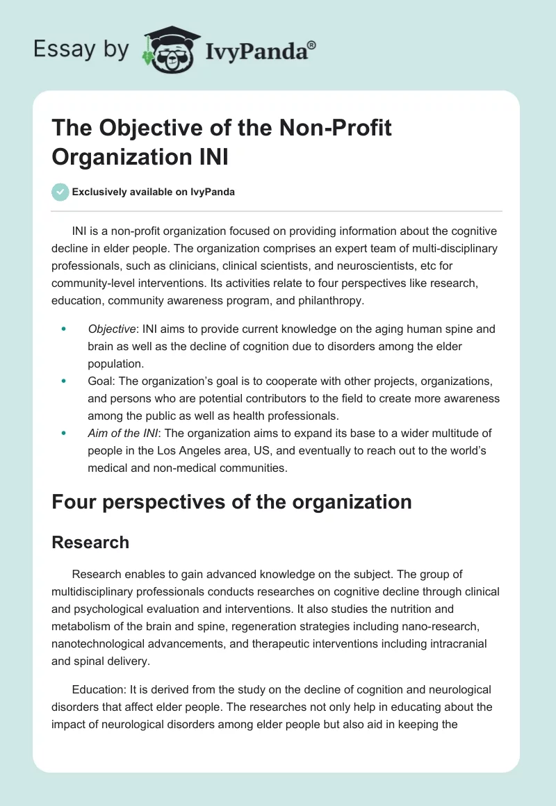 The Objective of the Non-Profit Organization INI. Page 1