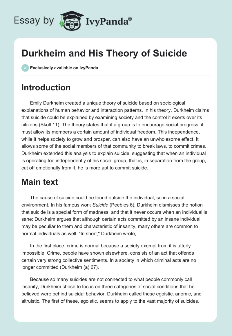 Durkheim and His Theory of Suicide. Page 1
