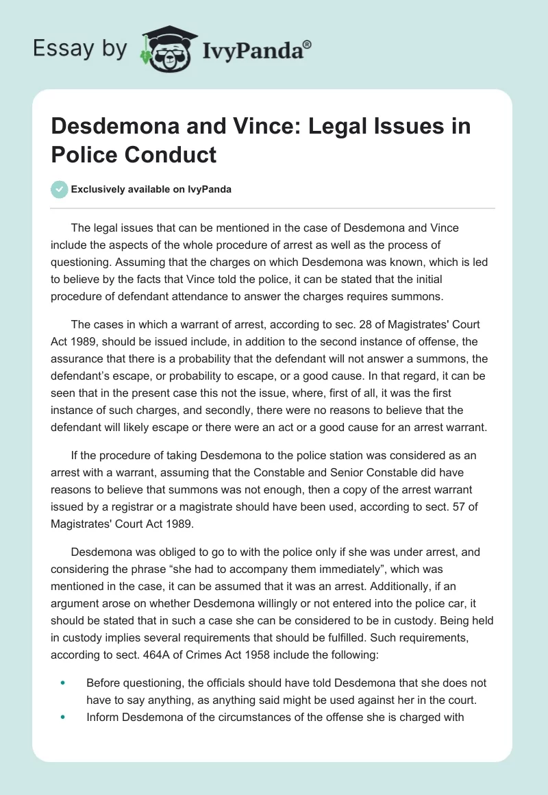 Desdemona and Vince: Legal Issues in Police Conduct. Page 1