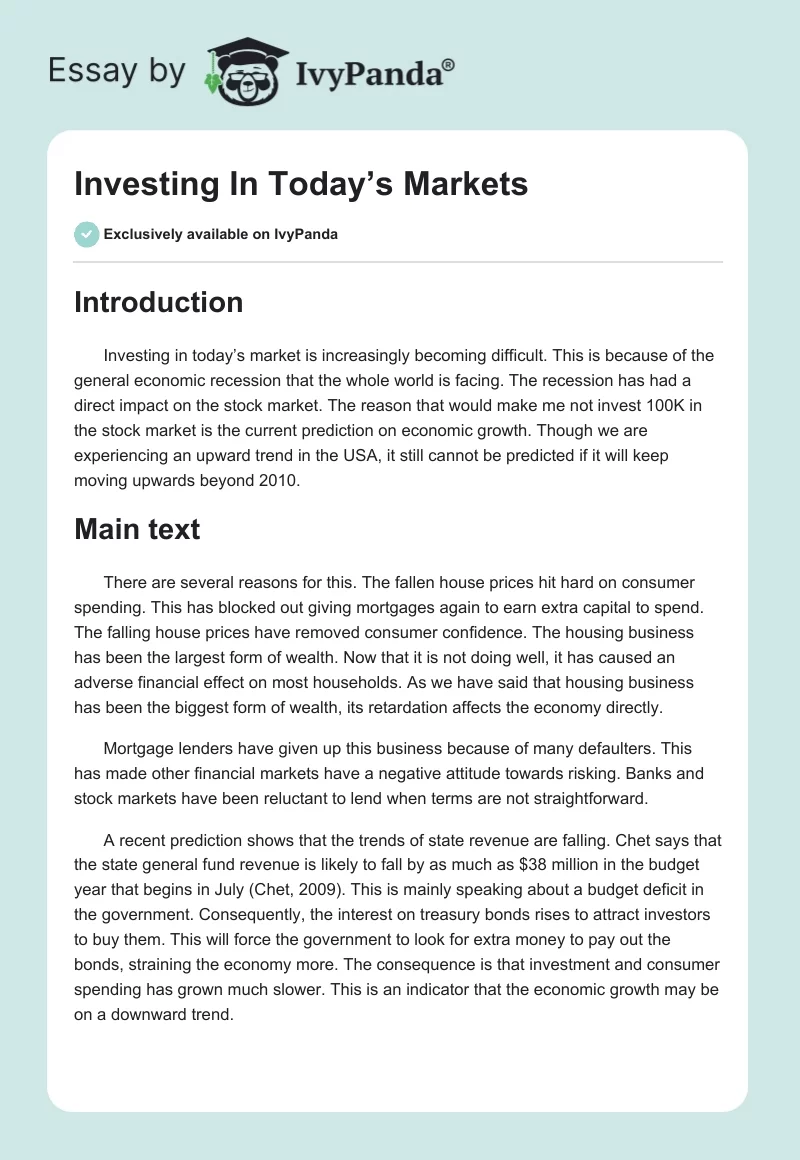 Investing In Today’s Markets. Page 1