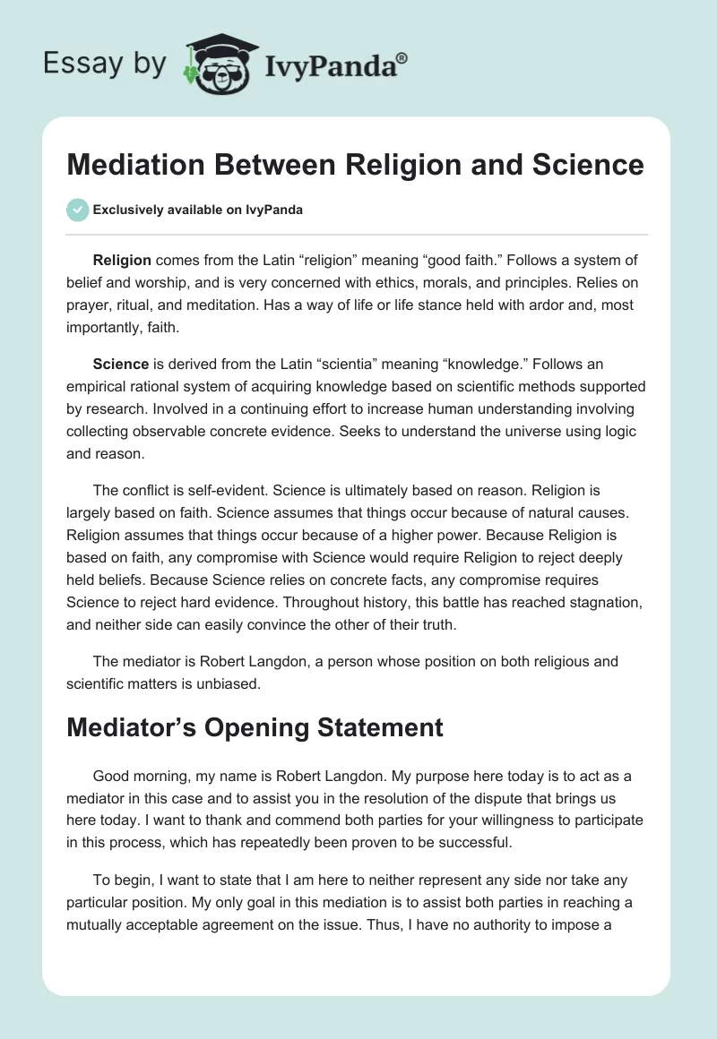Mediation Between Religion and Science. Page 1