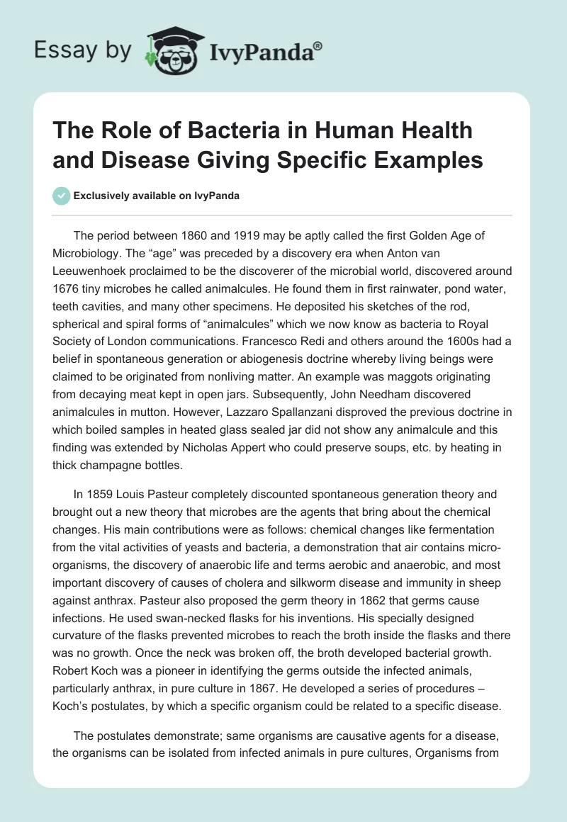 The Role of Bacteria in Human Health and Disease Giving Specific Examples. Page 1