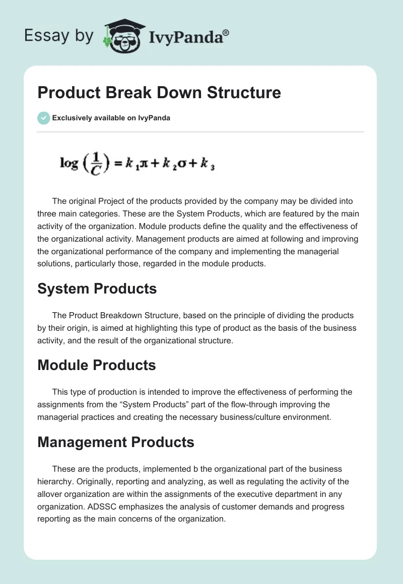 Product Break Down Structure. Page 1