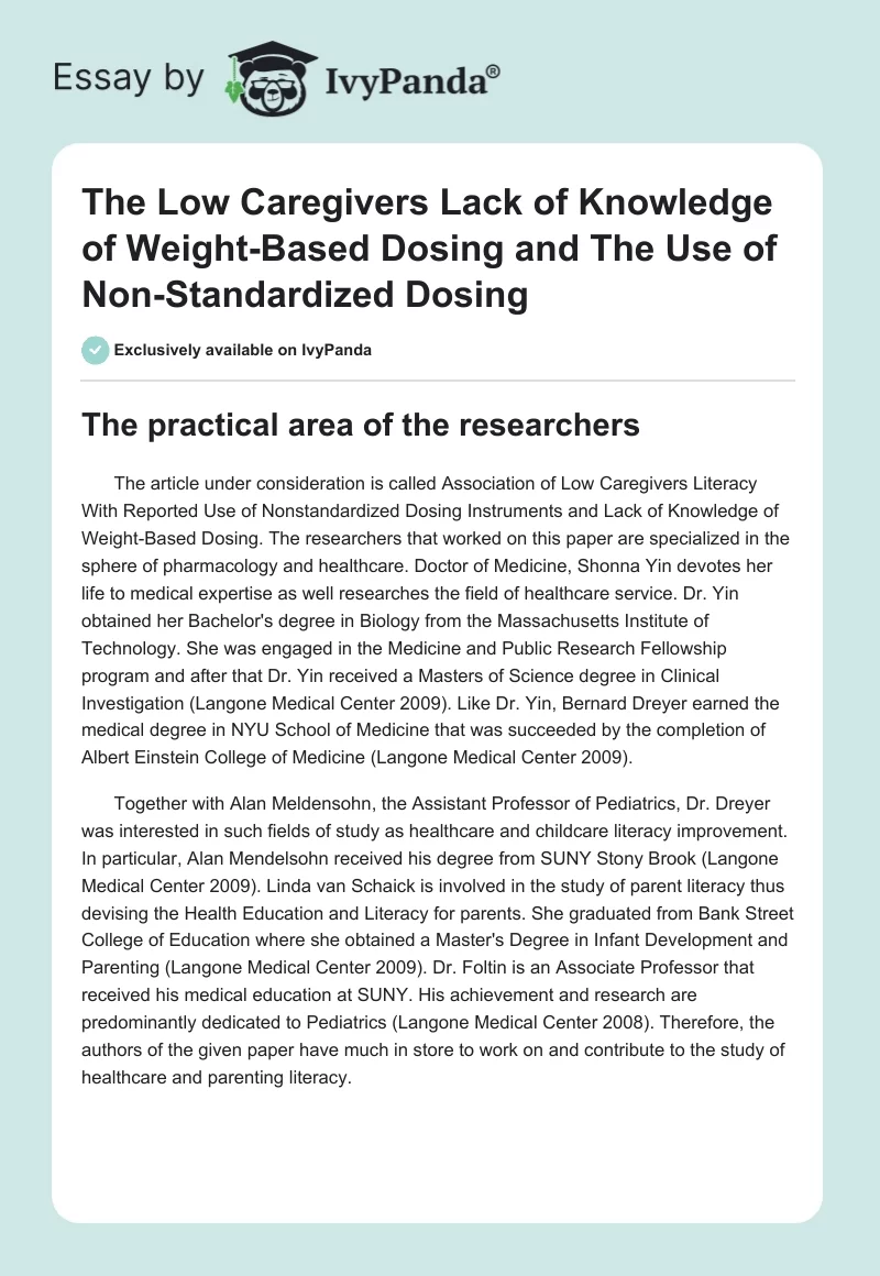 The Low Caregivers Lack of Knowledge of Weight-Based Dosing and The Use of Non-Standardized Dosing. Page 1