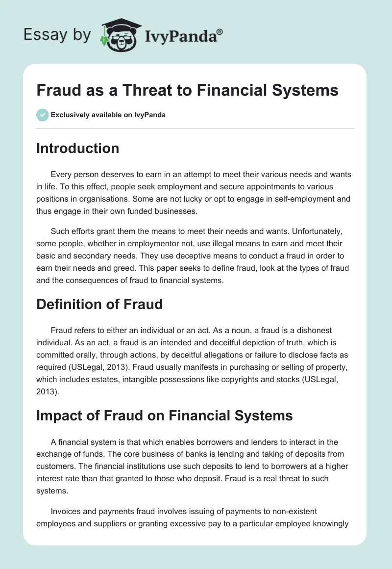 Fraud as a Threat to Financial Systems. Page 1