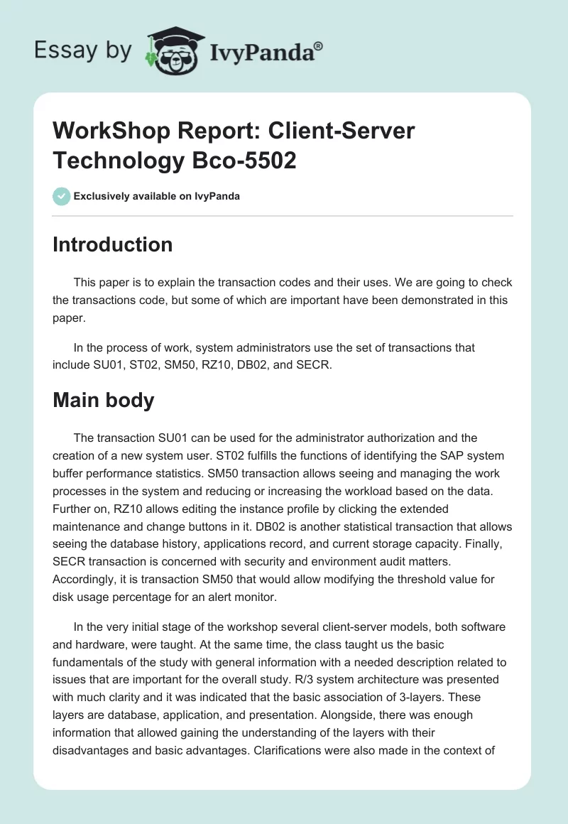 WorkShop Report: Client-Server Technology Bco-5502. Page 1