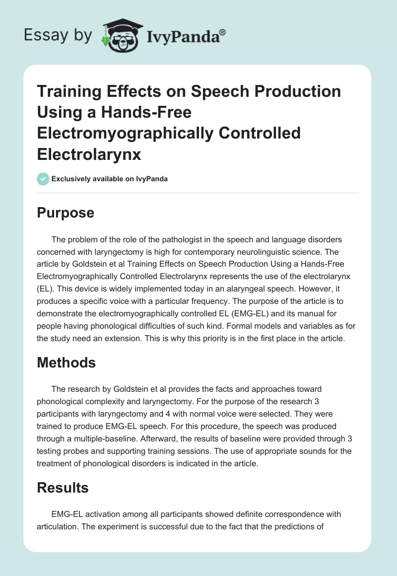 Training Effects on Speech Production Using a Hands-Free Electromyographically Controlled Electrolarynx. Page 1