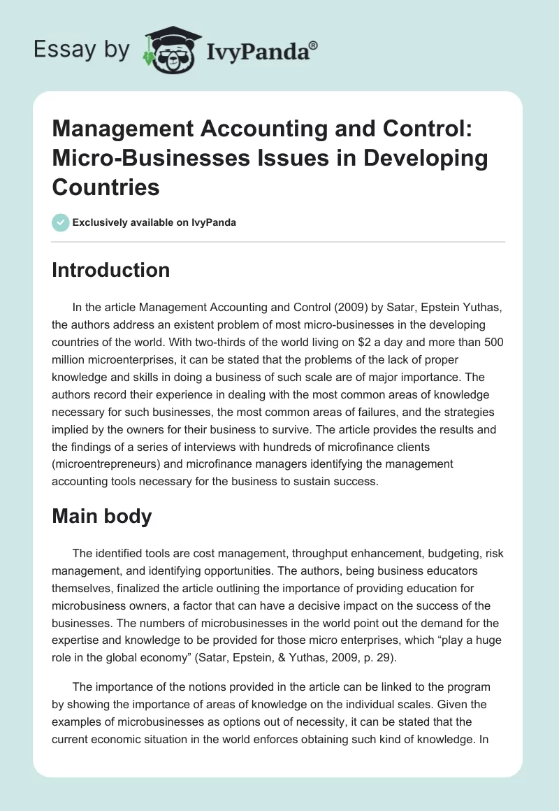 Management Accounting and Control: Micro-Businesses Issues in Developing Countries. Page 1