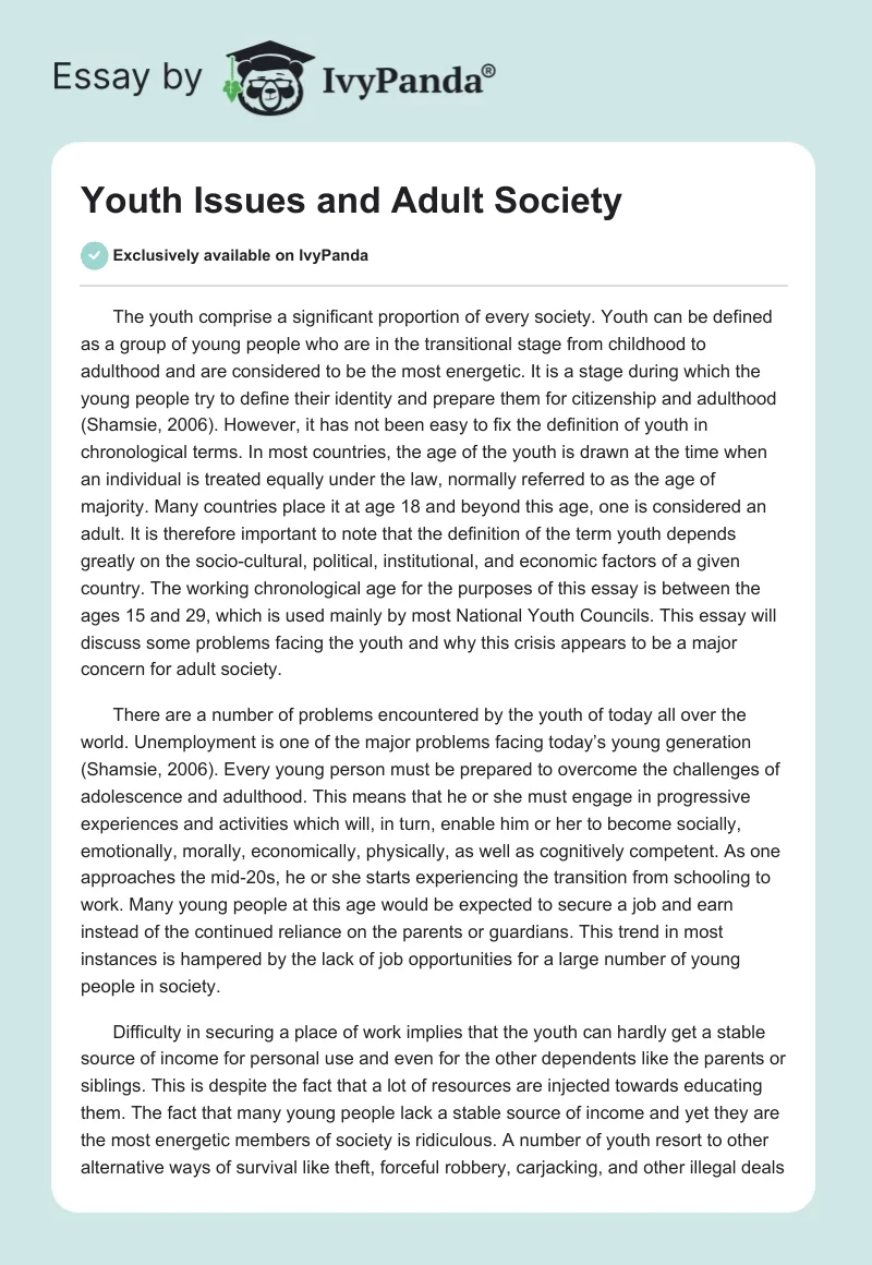Youth Issues and Adult Society. Page 1
