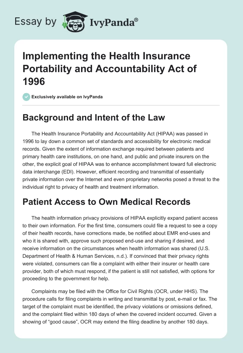 Implementing the Health Insurance Portability and Accountability Act of 1996. Page 1