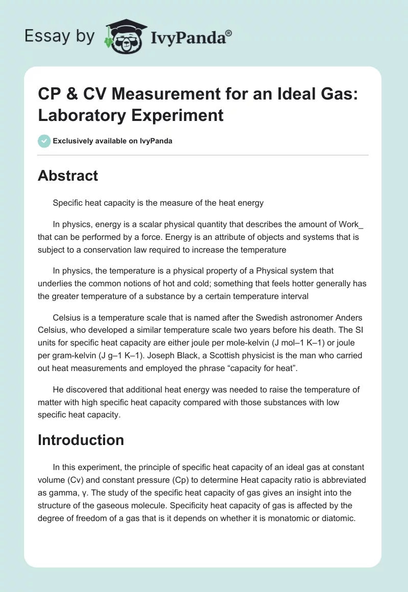CP & CV Measurement for an Ideal Gas: Laboratory Experiment. Page 1