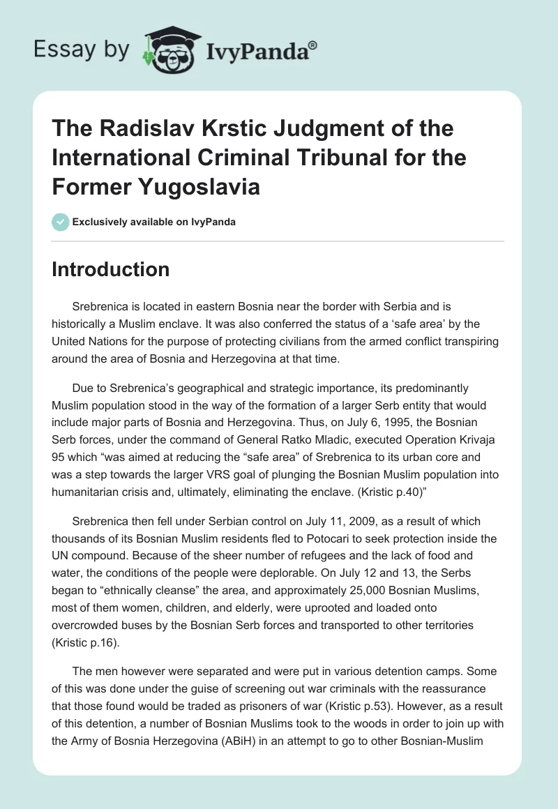 The Radislav Krstic Judgment of the International Criminal Tribunal for the Former Yugoslavia. Page 1