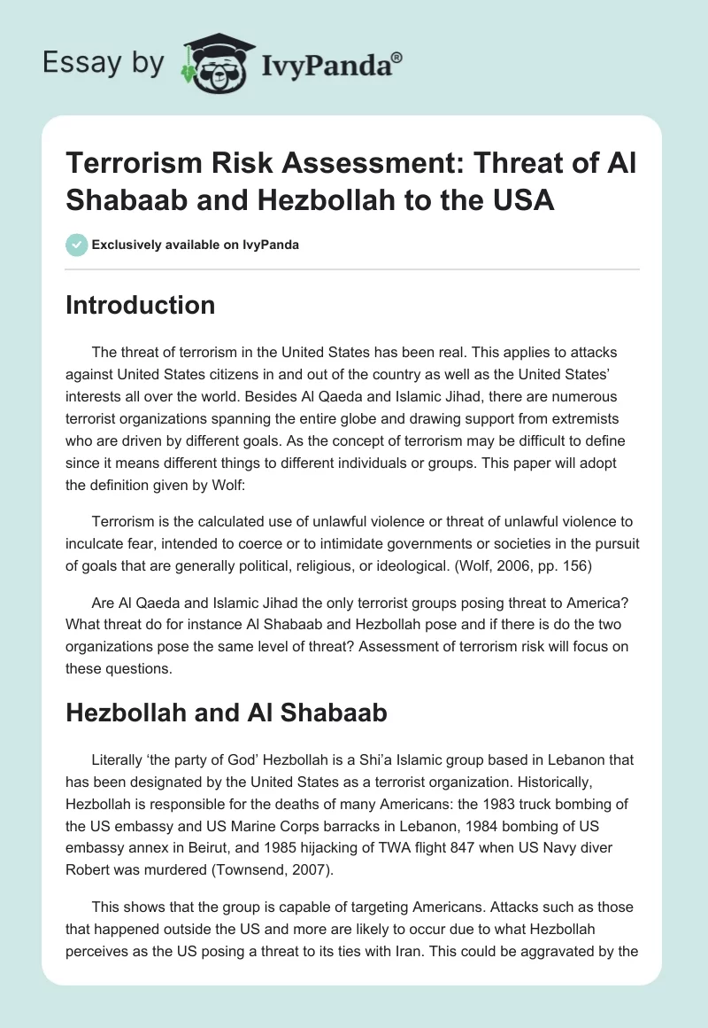 Terrorism Risk Assessment: Threat of Al Shabaab and Hezbollah to the USA. Page 1
