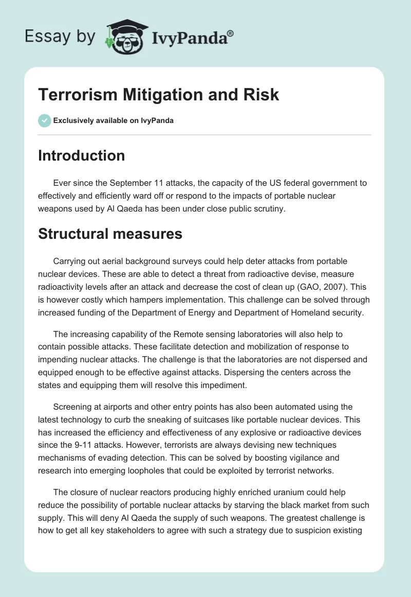Terrorism Mitigation and Risk. Page 1
