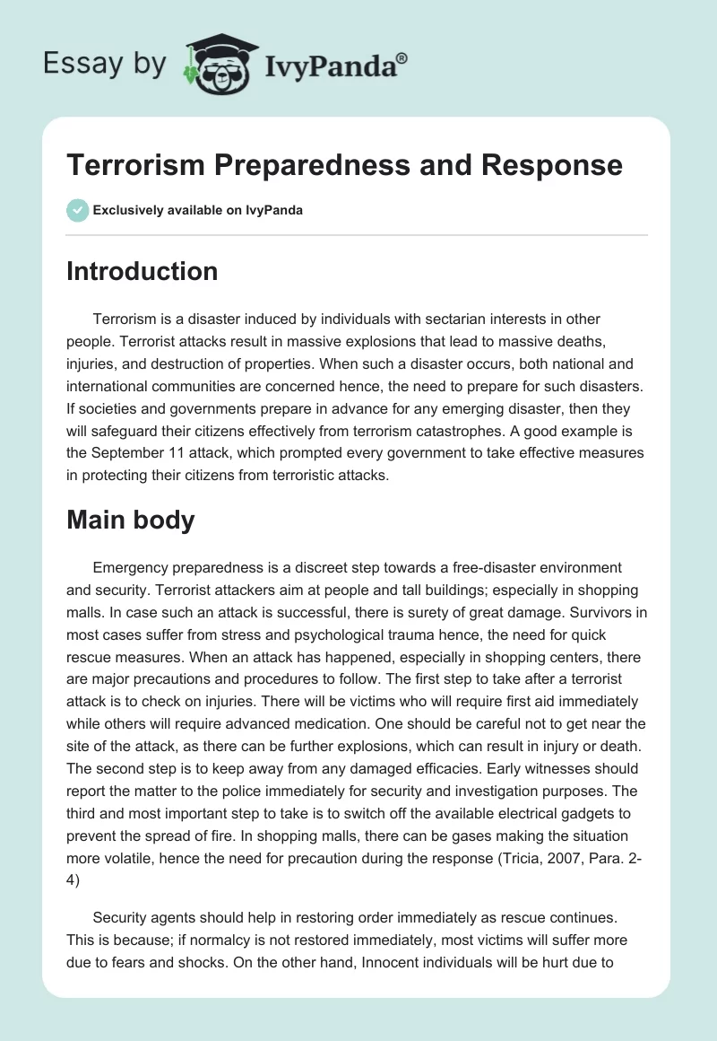 Terrorism Preparedness and Response. Page 1