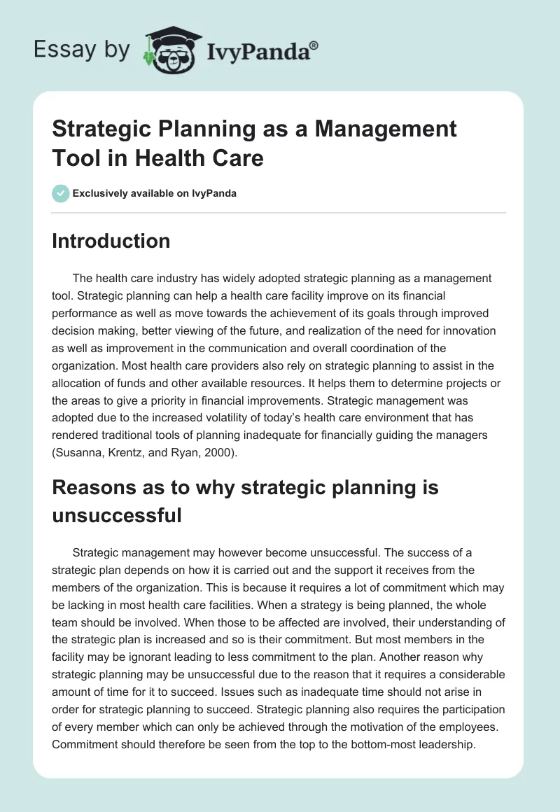 Strategic Planning as a Management Tool in Health Care. Page 1