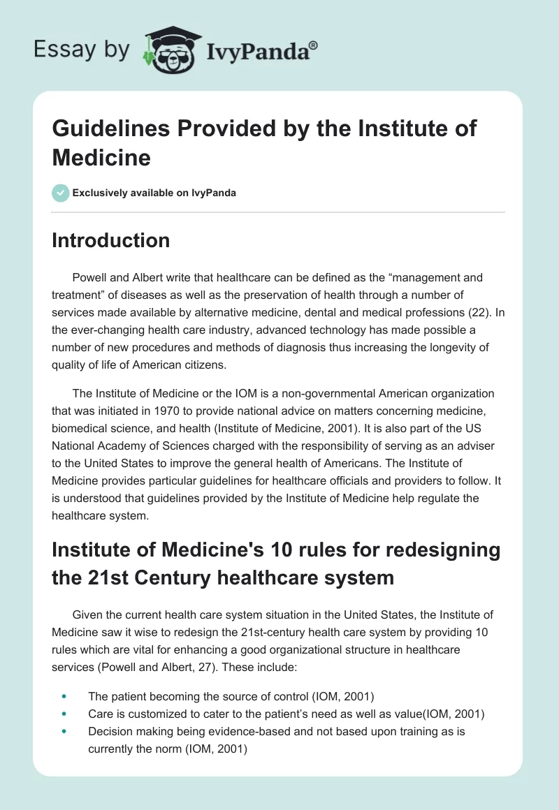 Guidelines Provided by the Institute of Medicine. Page 1