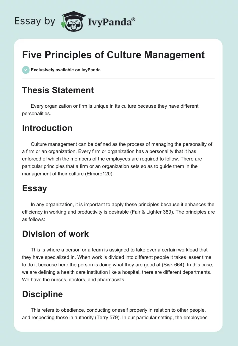 Five Principles of Culture Management. Page 1