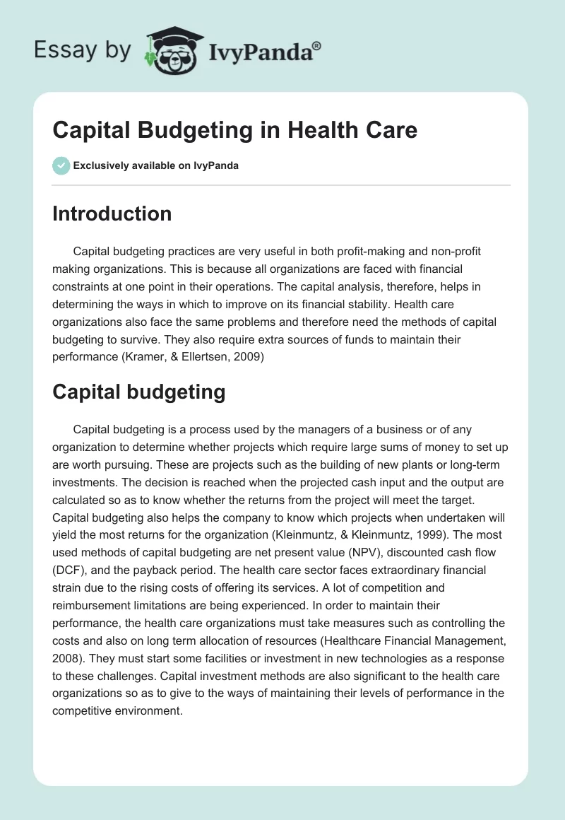 Capital Budgeting in Health Care. Page 1