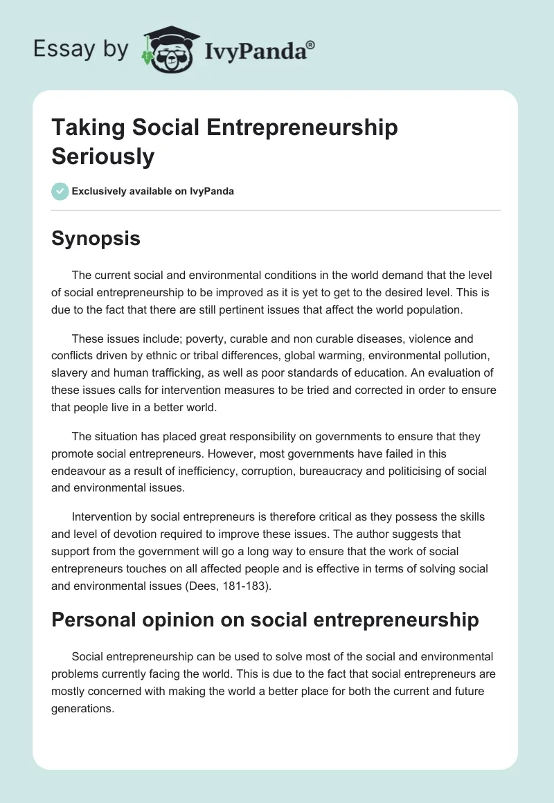 Taking Social Entrepreneurship Seriously. Page 1