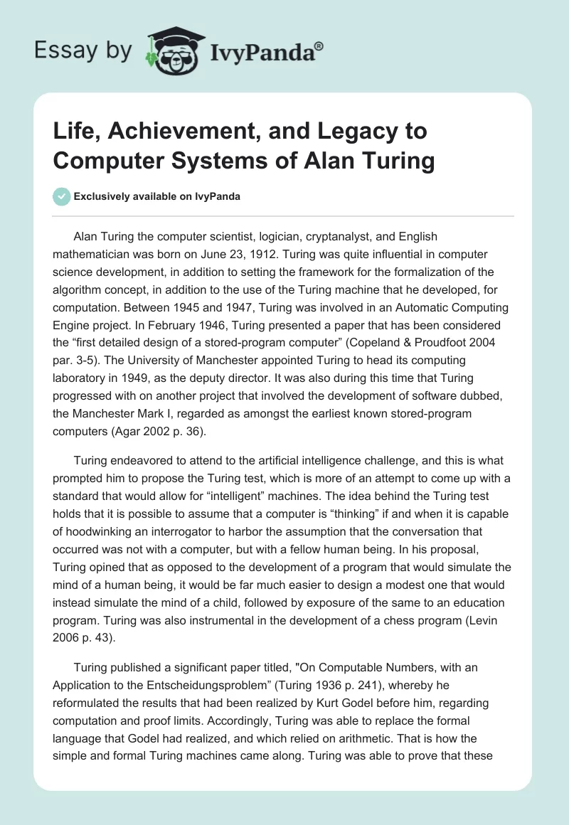 Life, Achievement, and Legacy to Computer Systems of Alan Turing. Page 1